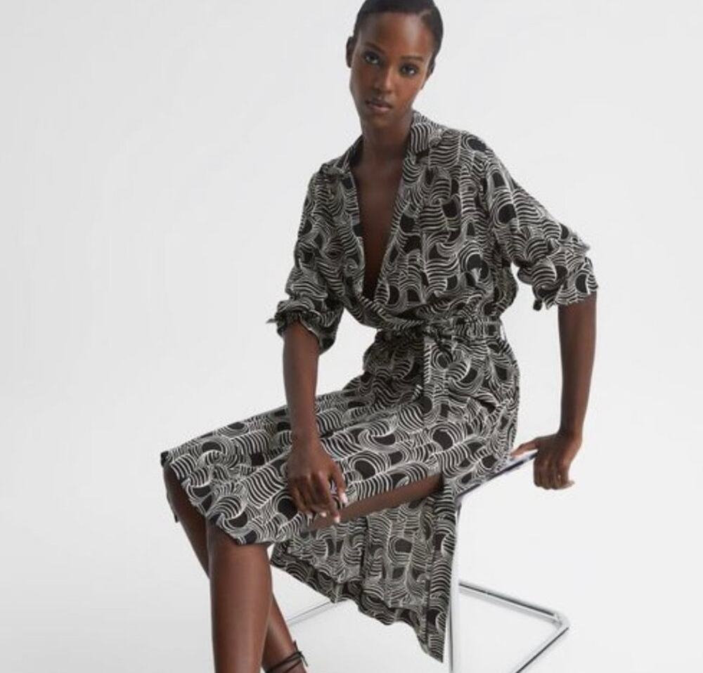 REISS Georgina Swirl Print Belted Midi Dress Black Cream US 2
